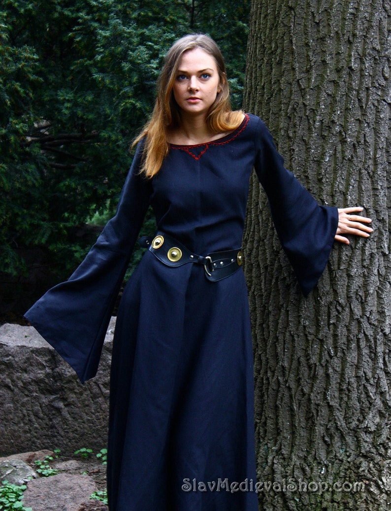 Fantasy satin cotton /mixed linen embroidered wide dress inspired by LOTR with wide sleeves Middle Ages, elf Ren Faire Costume Dark blue