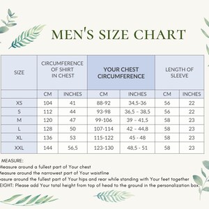 May include: A men's size chart with measurements in inches and centimeters for chest, sleeve length, and shirt circumference. The chart includes sizes XS, S, M, L, XL, and XXL.