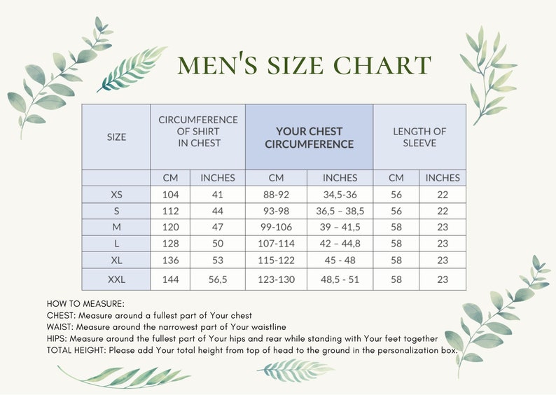 May include: A men's size chart with measurements in inches and centimeters for chest, sleeve length, and shirt circumference. The chart includes sizes XS, S, M, L, XL, and XXL.