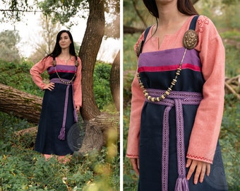 Early Medieval wide long linen apron dresss smokkr with linen hems and silk trim for Viking and Slavic woman reenactor historical costume