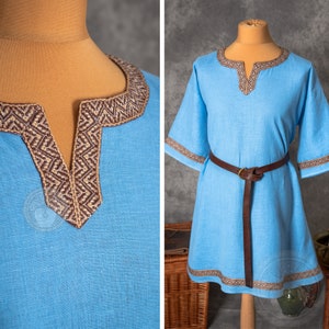 Short-sleeved 100% linen tunic with geometric brown hems/trims, slit neckline for Slavic and pagan Viking man early-medieval costume
