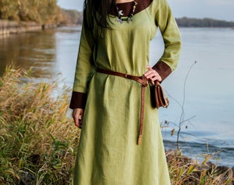 Early Medieval wide linen dress trimmed with linen hems for Viking and Slavic woman historical reenactment costume, round neckline, LARP SCA