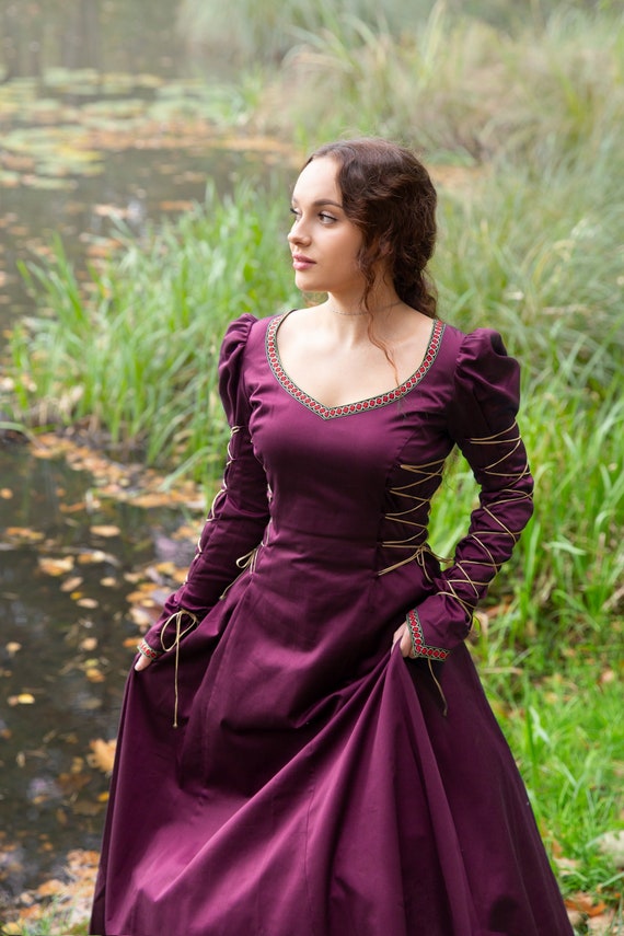 MEDIEVAL DREAM Fantasy Wide Satin Cotton Laced Dress With Laced