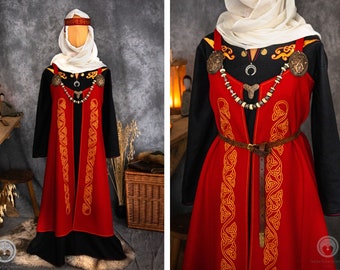 MIRANA | Early Medieval Slavic Viking woman costume with wide embroidered linen dress, wool apron dress, silk headband and scarf
