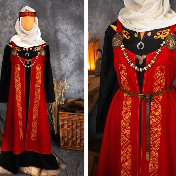 MIRANA | Early Medieval Slavic Viking woman costume with wide embroidered linen dress, wool apron dress, silk headband and scarf