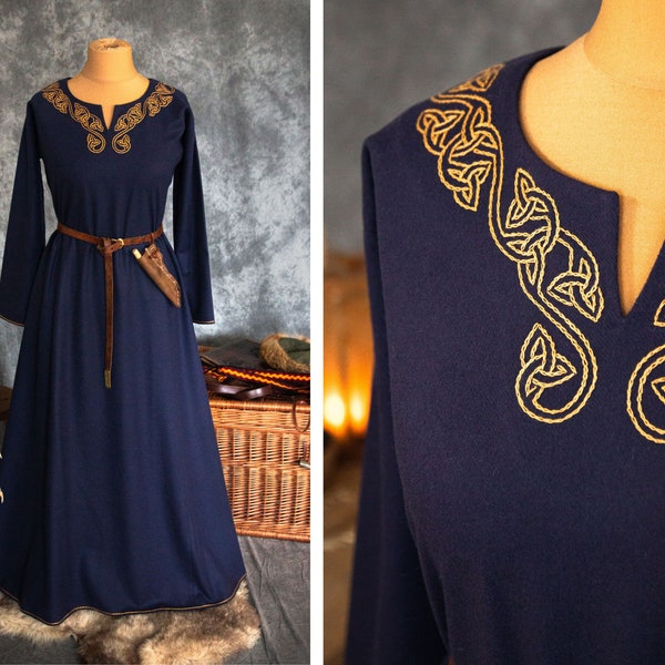READY TO SHIP | Early Medieval wide wool dress with slit neckline and handmade embroidery for Viking and Slavic woman historical costume