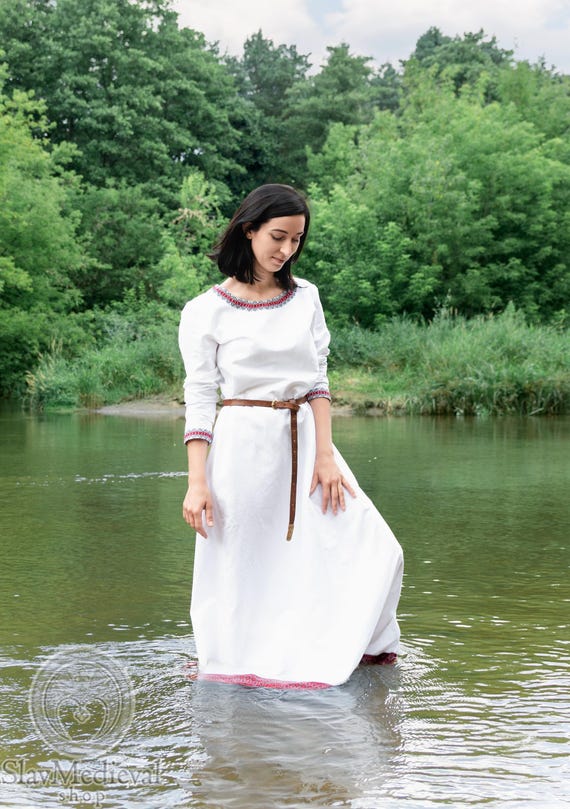 Early Medieval Slavic ceremonial pure linen dress with decorative hems for Viking and Slavic woman costume| Fantasy Celtic wedding dress