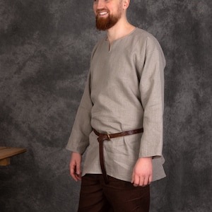 Early Medieval Birka Natural Linen Basic Wide Tunic Shirt with Small Slit V-Neckline for Slavic Viking man historical reenactment costume