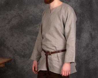 Early Medieval Birka Natural Linen Basic Wide Tunic Shirt with Small Slit V-Neckline for Slavic Viking man historical reenactment costume
