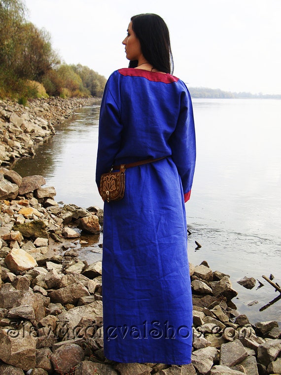 Early Medieval Birka Natural Linen Trimmed Wide Dress With Early Medieval Birka Natural Linen Trimmed Wide Dress With