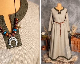 Early Medieval trimmed wide warm wool dress with herringbone pattern wool hems for Viking Slavic woman reenactor historical costume, LARP