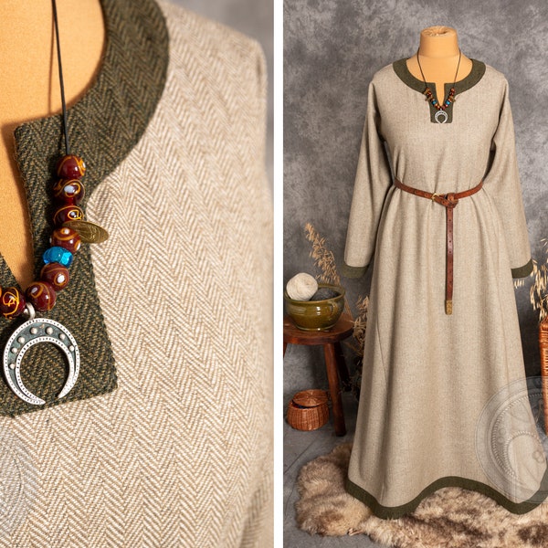 Frühmittelalterliches Kleid aus reiner slawischer Tracht aus Wolle mit Fischgrätmuster aus Wollsäumen für die historische Gewandung der Wikingerin, LARP