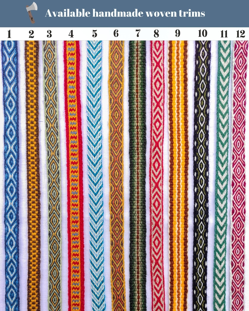 May include: Twelve different handmade woven trims in various colors and patterns, including blue, red, yellow, green, and brown. The trims are numbered 1 through 12.