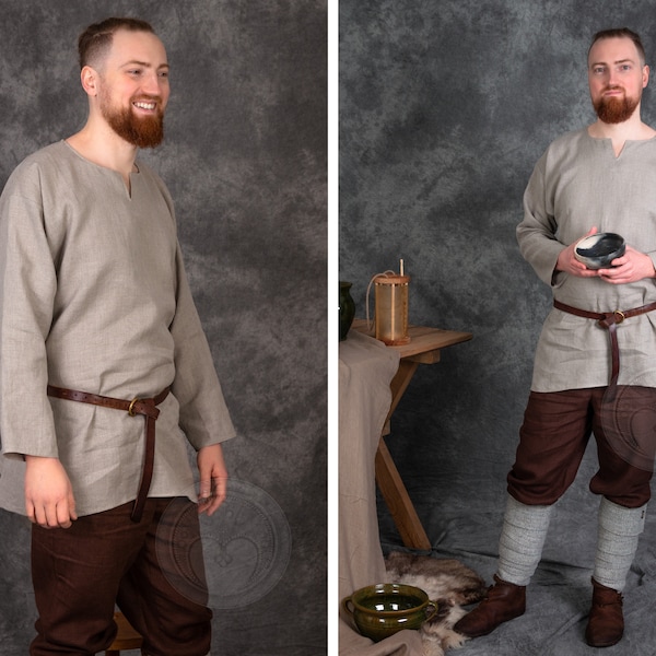 ALEK | Déguisement 2 pièces du début du Moyen Âge pour homme avec tunique en lin Birka et pantalon en lin basique Skjoldehamn pour reconstitution d'hommes vikings et slaves