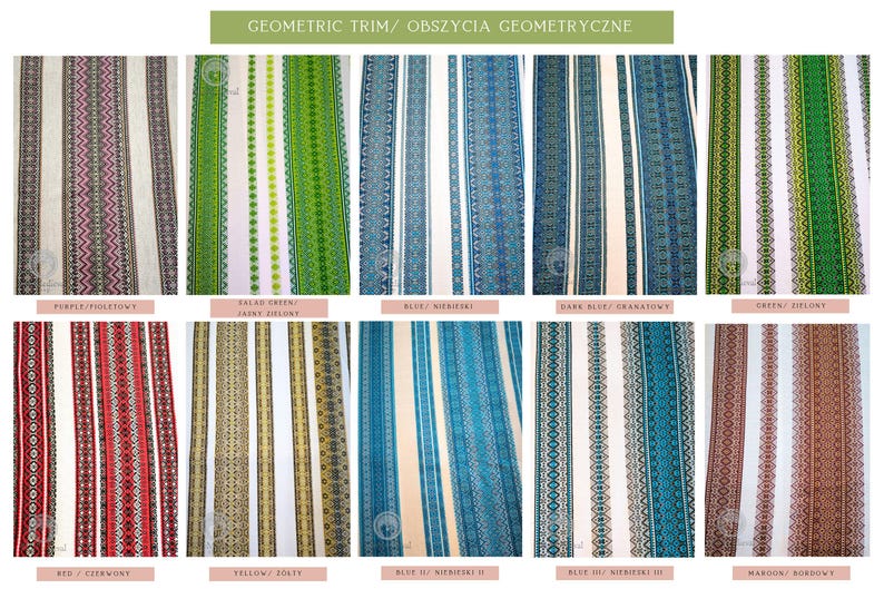 Op de afbeelding: Een verzameling van 10 verschillende geometrische trimstoffen. De trims zijn in verschillende kleuren, waaronder paars, groen, blauw, rood, geel en kastanjebruin. De trims zijn allemaal geweven met een geometrisch patroon.