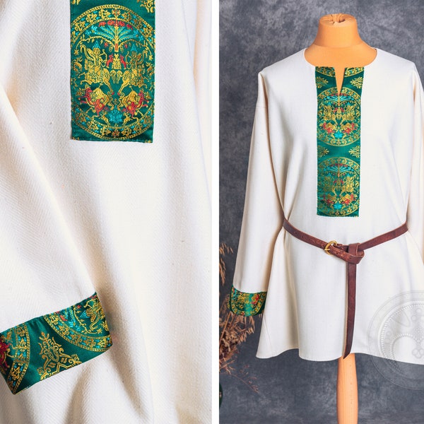 Rich Early Medieval wide wool tunic with slit neckline decorated with dark green Oseberg silk brocade for Slavic Viking man costume history