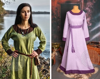 Early Medieval wide linen dress trimmed with linen hems for Viking and Slavic woman historical reenactment costume, round neckline, LARP SCA