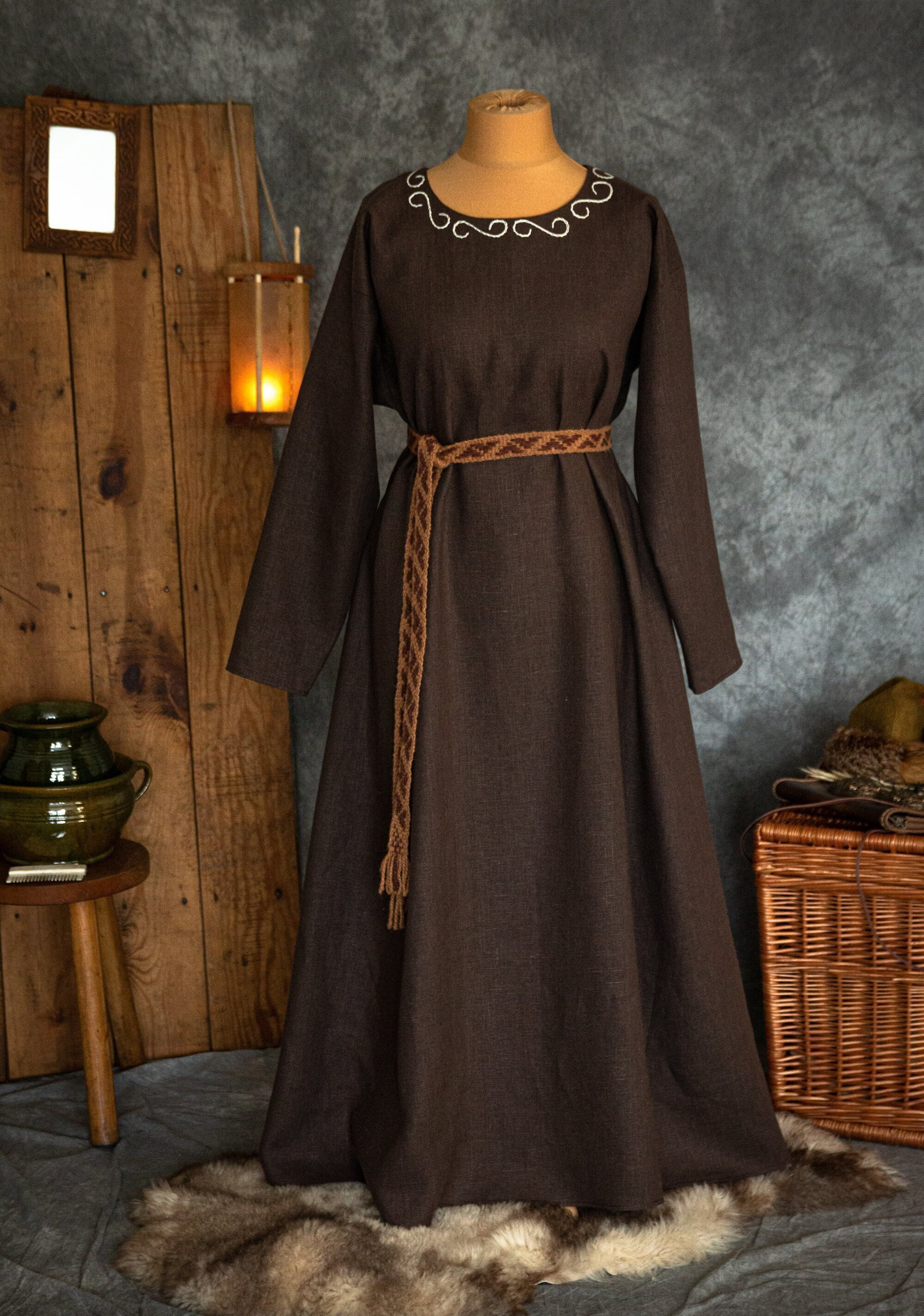 Early Medieval Viking Wide Loose Linen Underdress with Handmade Embroidery for Viking and Slavic Women Historical Reenactment Costume