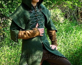 FOREST RANGER | Fantasy coat with handmade embroidery and big hood for elven ranger warrior cosplay | Elf green cloak for LARP, wedding