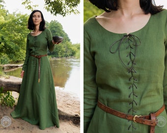 Cotte simple | Wide laced linen dress with binding/drawsting for Medieval/Renaissance woman historical reenactment costume in custom size