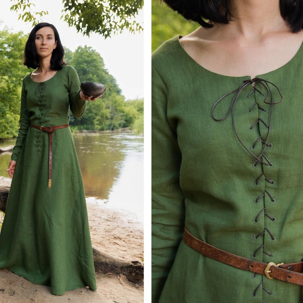 Cotte simple | Wide laced linen dress with binding/drawsting for Medieval/Renaissance woman historical reenactment costume in custom size