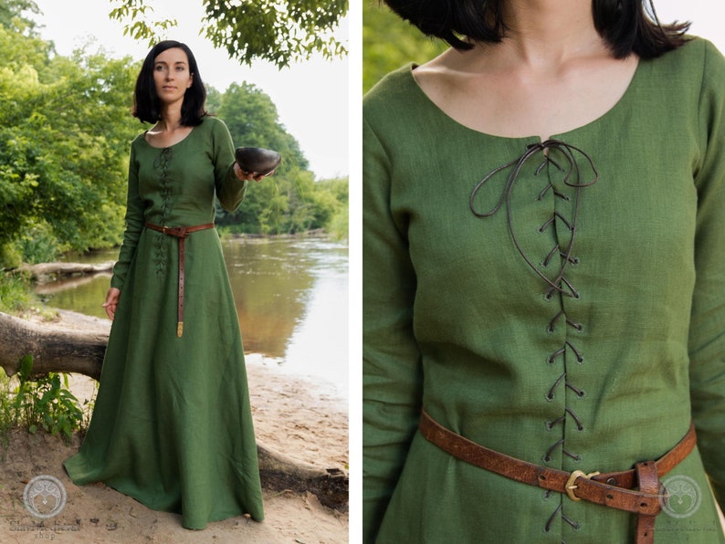 Cotte simple Wide laced linen dress with binding/drawsting for Medieval/Renaissance woman historical reenactment costume in custom size image 1