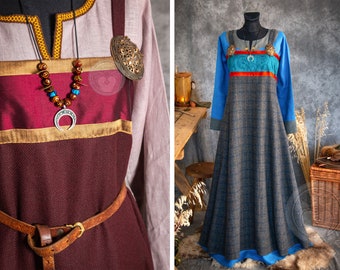 Robe tablier large en laine garnie du début du Moyen Âge smokkr avec ourlets en soie pour costume historique de reconstitution historique de femme viking et slave scandinave