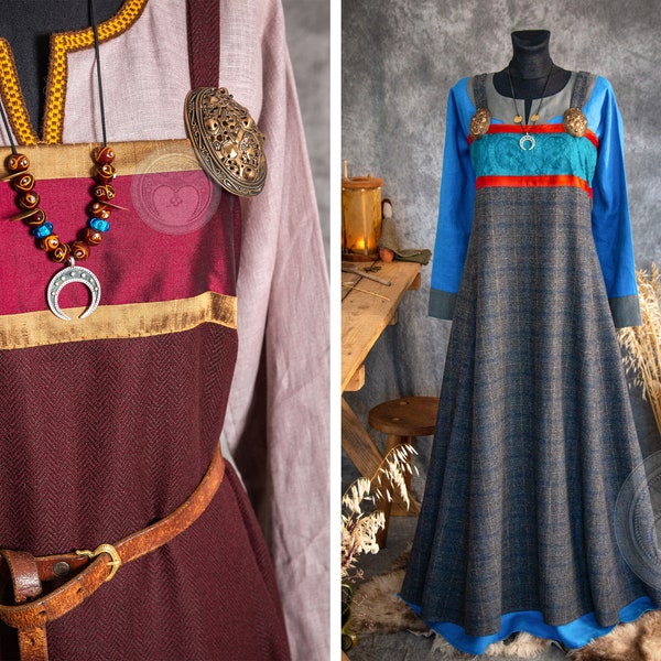 Frühmittelalterliches Kleid mit breiter Wollschürze und Seidensäumen für Wikinger- und Slawenfrauen-Reenactor-historisches skandinavisches Kostüm