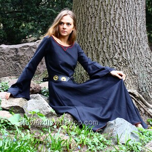 Fantasy satin cotton /mixed linen embroidered wide dress inspired by LOTR with wide sleeves Middle Ages, elf Ren Faire Costume image 6