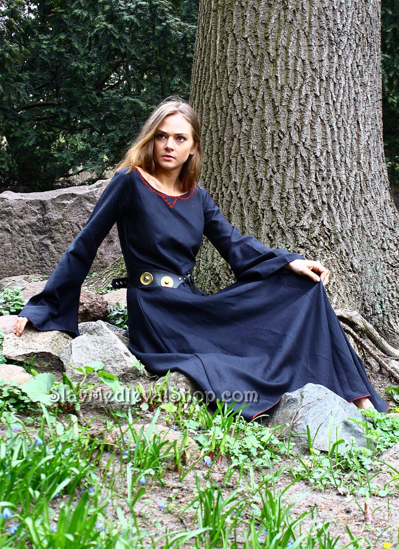 Fantasy satin cotton /mixed linen embroidered wide dress inspired by LOTR with wide sleeves Middle Ages, elf Ren Faire Costume image 6