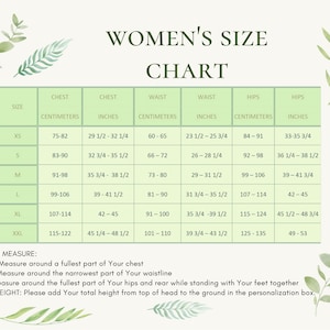 K&ouml;nnte beinhalten: Eine gr&uuml;n-wei&szlig;e Tabelle mit dem Titel "Women's Size Chart". Die Tabelle zeigt verschiedene Gr&ouml;&szlig;en f&uuml;r Brust, Taille und H&uuml;fte in Zoll und Zentimetern.