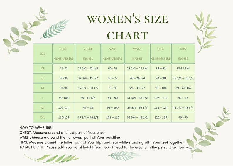 K&ouml;nnte beinhalten: Eine gr&uuml;n-wei&szlig;e Tabelle mit dem Titel "Women's Size Chart". Die Tabelle zeigt verschiedene Gr&ouml;&szlig;en f&uuml;r Brust, Taille und H&uuml;fte in Zoll und Zentimetern.