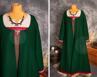 Early Medieval Viking long wool coat kaftan with woven trim and linen lining for Viking woman, based on historical pattern from Birka