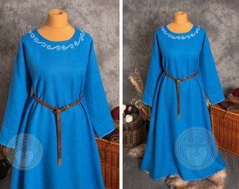 Early Medieval Viking wide loose linen underdress with handmade embroidery for Viking and Slavic women historical reenactment costume