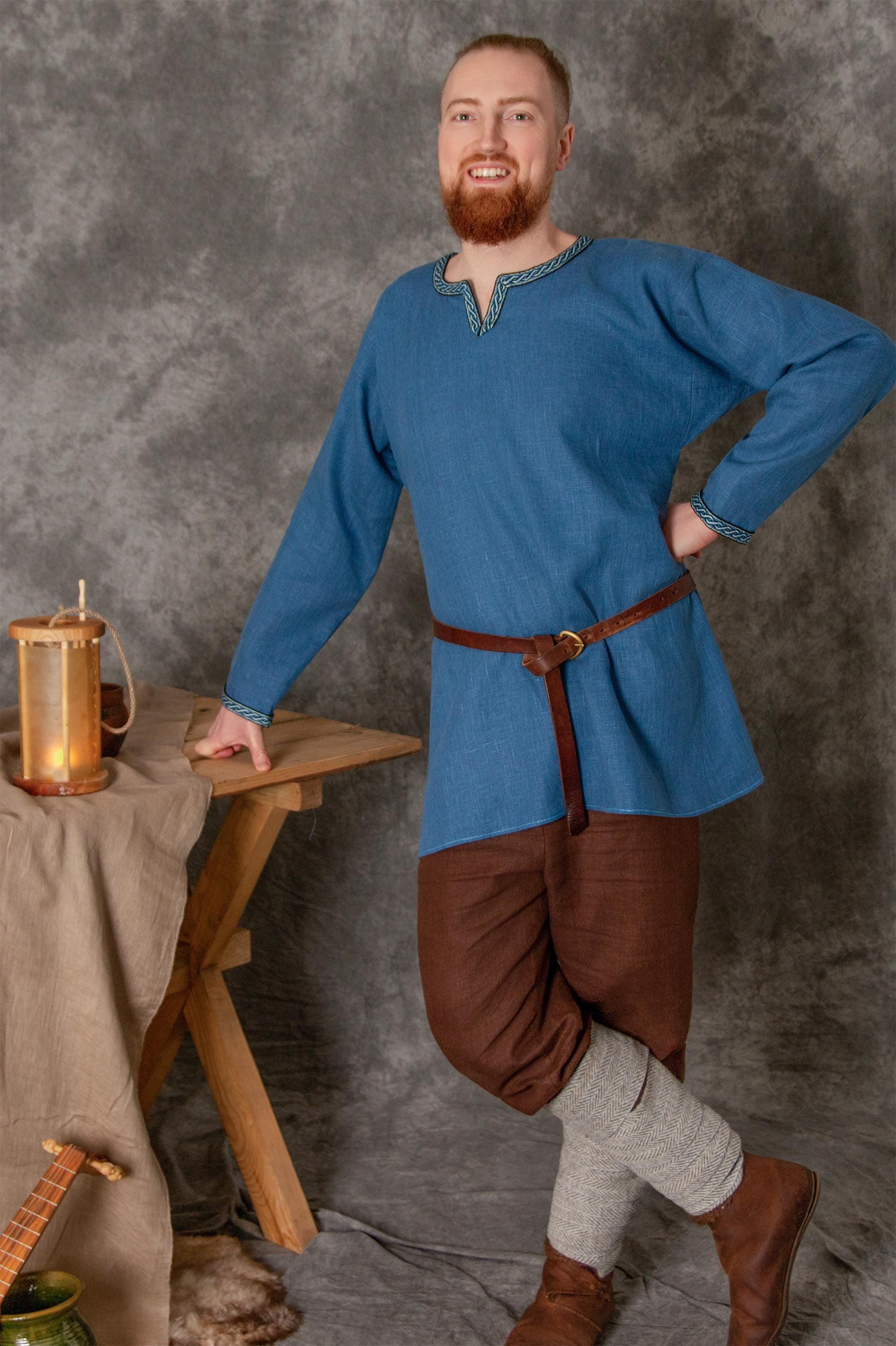 Early Medieval Linen Tunic Shirt With Woven Trim for Slavic and