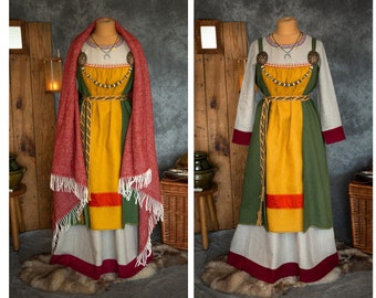 FRIDA | Early Medieval Scandinavian Viking or Slavic woman costume with wide linen dress, linen apron dress 100% raw wool cloak blanket