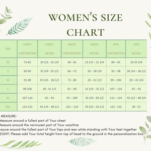 May include: A green and white chart with the title "Women's Size Chart". The chart shows different sizes for chest, waist, and hips in both inches and centimeters.