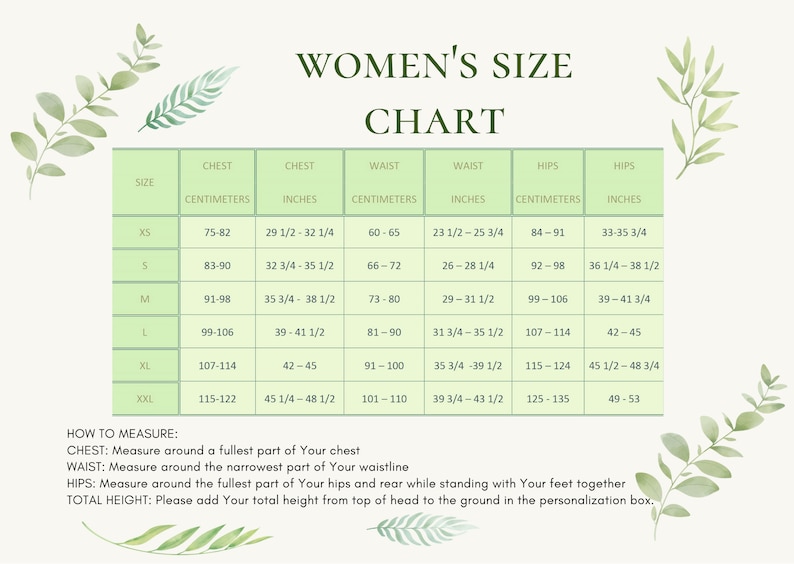 May include: A green and white chart with the title "Women's Size Chart". The chart shows different sizes for chest, waist, and hips in both inches and centimeters.