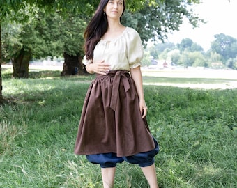 Natuurlijk linnen geplooid half shirt schort rok met lange riem voor LARP-kostuum, ren faire, Beiers schort, cottagecore schort, keukenschort