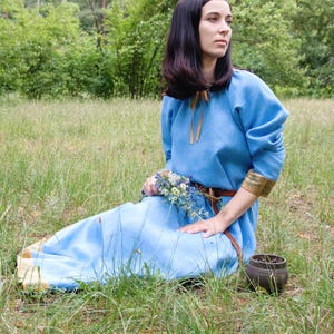 Early Medieval Pskov Kiev Rus Natural Linen Dress with Hand-block Stamped Embroidered Silk Trim for Slavic Viking woman historical costume image 6