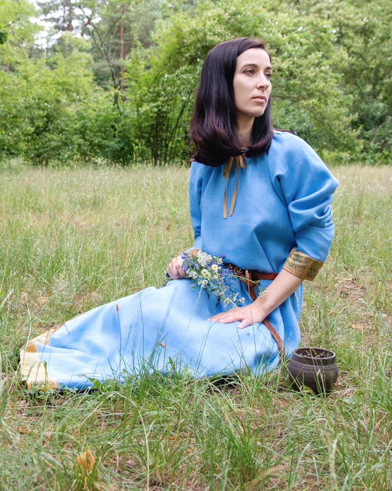 Early Medieval Pskov Kiev Rus Natural Linen Dress with Hand-block Stamped Embroidered Silk Trim for Slavic Viking woman historical costume image 6