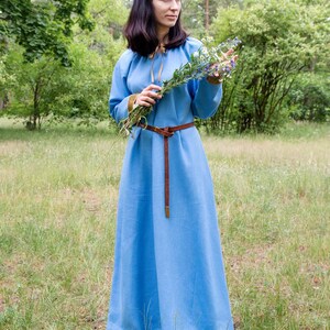 Early Medieval Pskov Kiev Rus Natural Linen Dress with Hand-block Stamped Embroidered Silk Trim for Slavic Viking woman historical costume image 7