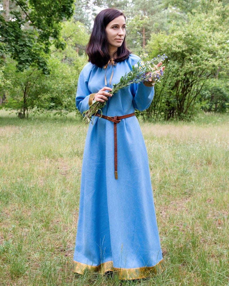 Early Medieval Pskov Kiev Rus Natural Linen Dress with Hand-block Stamped Embroidered Silk Trim for Slavic Viking woman historical costume image 7