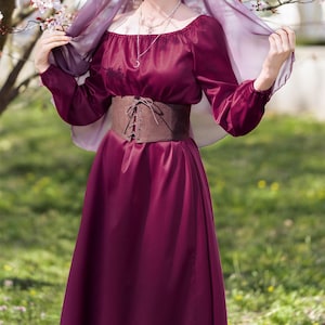 Medieval Renaissance Faire Off-Shoulder Elasticated Blend Viscose Wide Loose Chemise Peasant Dress with Long Puffy Sleeves for LARP cosplay