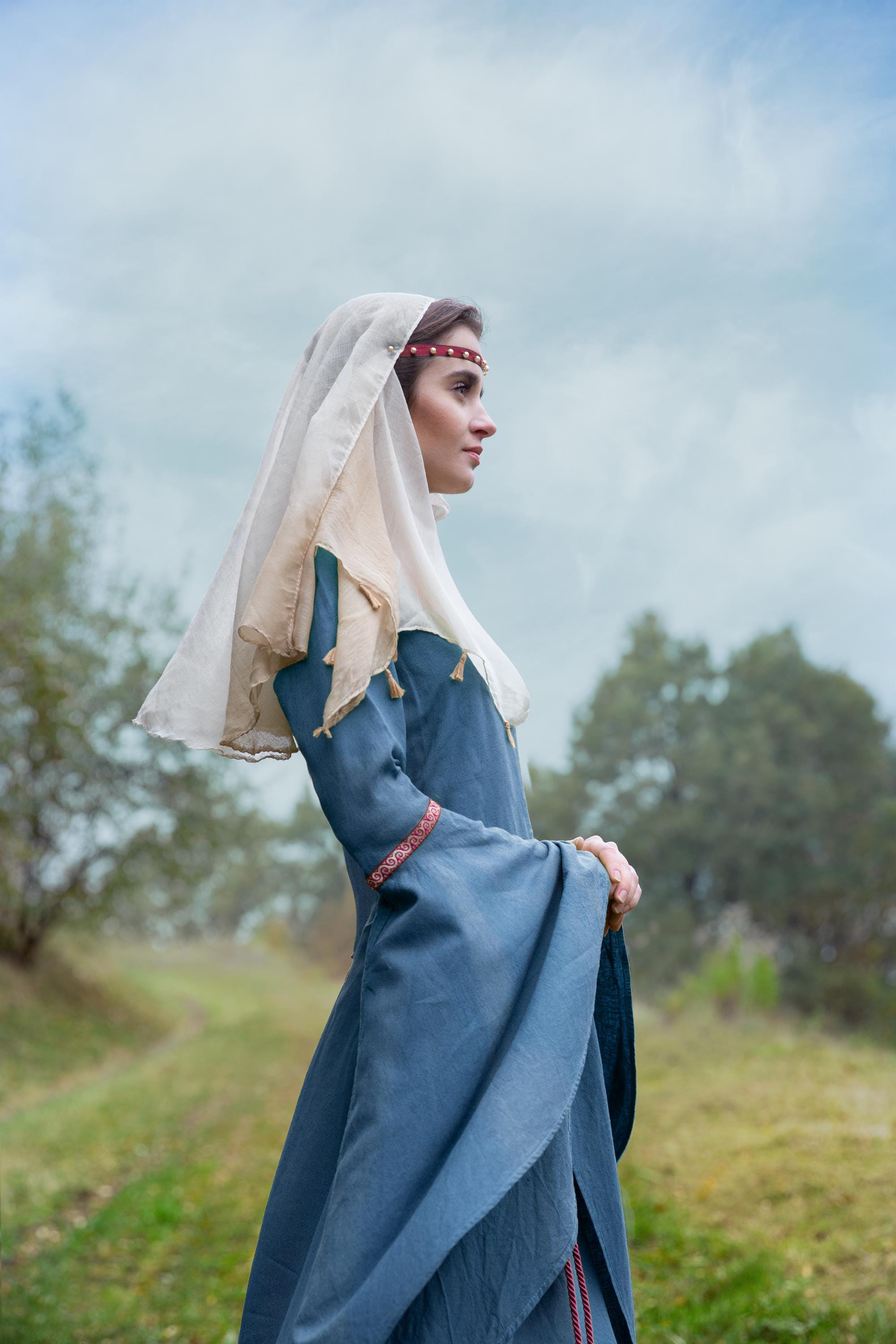 blue celtic dress CELTIC FOREST - linen laced fantasy dress with wide sleeves
