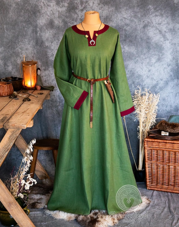 Early Medieval Birka Natural Linen Trimmed Loose Long-sleeved Dress with Small Slit V-neck for Slavic Viking woman historical costume