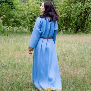 Early Medieval Pskov Kiev Rus Natural Linen Dress with Hand-block Stamped Embroidered Silk Trim for Slavic Viking woman historical costume image 8