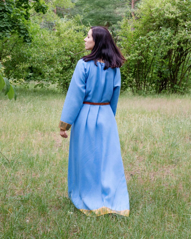 Early Medieval Pskov Kiev Rus Natural Linen Dress with Hand-block Stamped Embroidered Silk Trim for Slavic Viking woman historical costume image 8