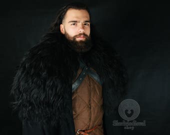 JON SNOW |  Black wool cloak from "Game of Throne" with natural sheepskin collar cape | Lord Commander Jon Snow Ren Faire LARP Costume