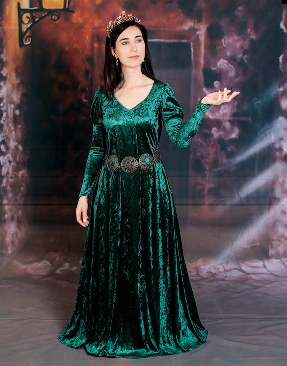 Fantasy Elf Medieval Renaissance Faire Velour Dress Gown Chemise with Puffy Sleeves and V-Neckline, Medieval Queen Dress, Bridesmaid Dress